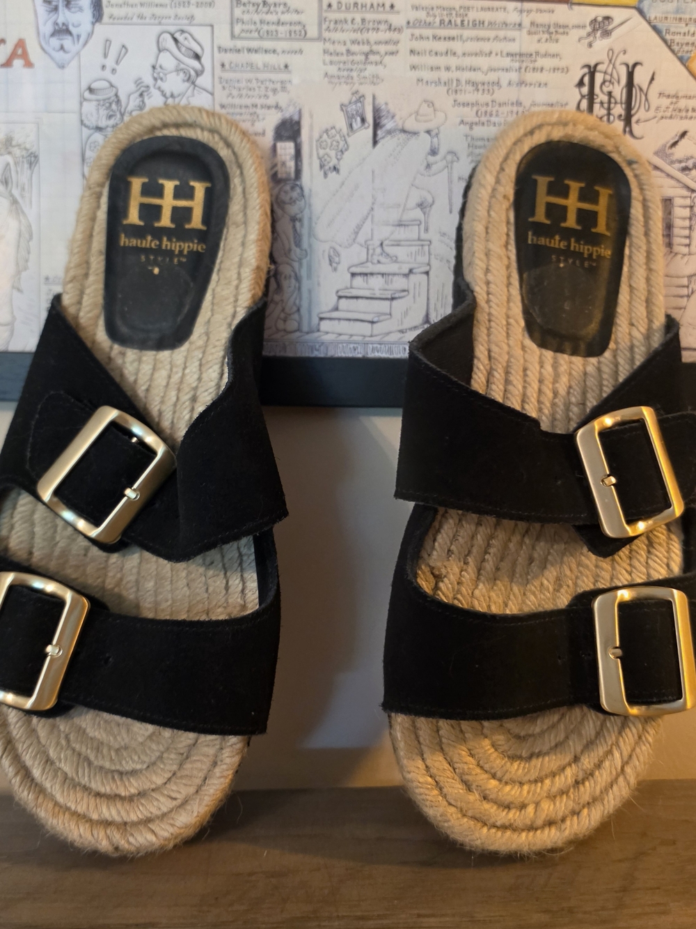 Haute Hippie Black Suede Buckle Espadrille Slide Sandals